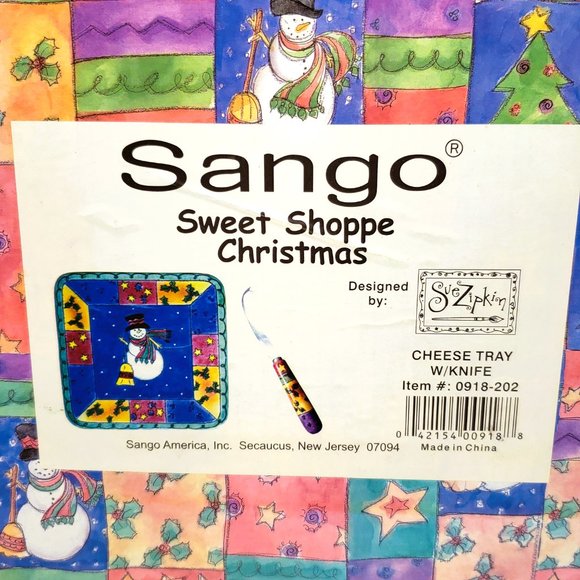 Sango Sweet Shoppe Christmas Cheese Tray Plate Knife Set Sue Zipkin Snowman Box - Picture 7 of 7